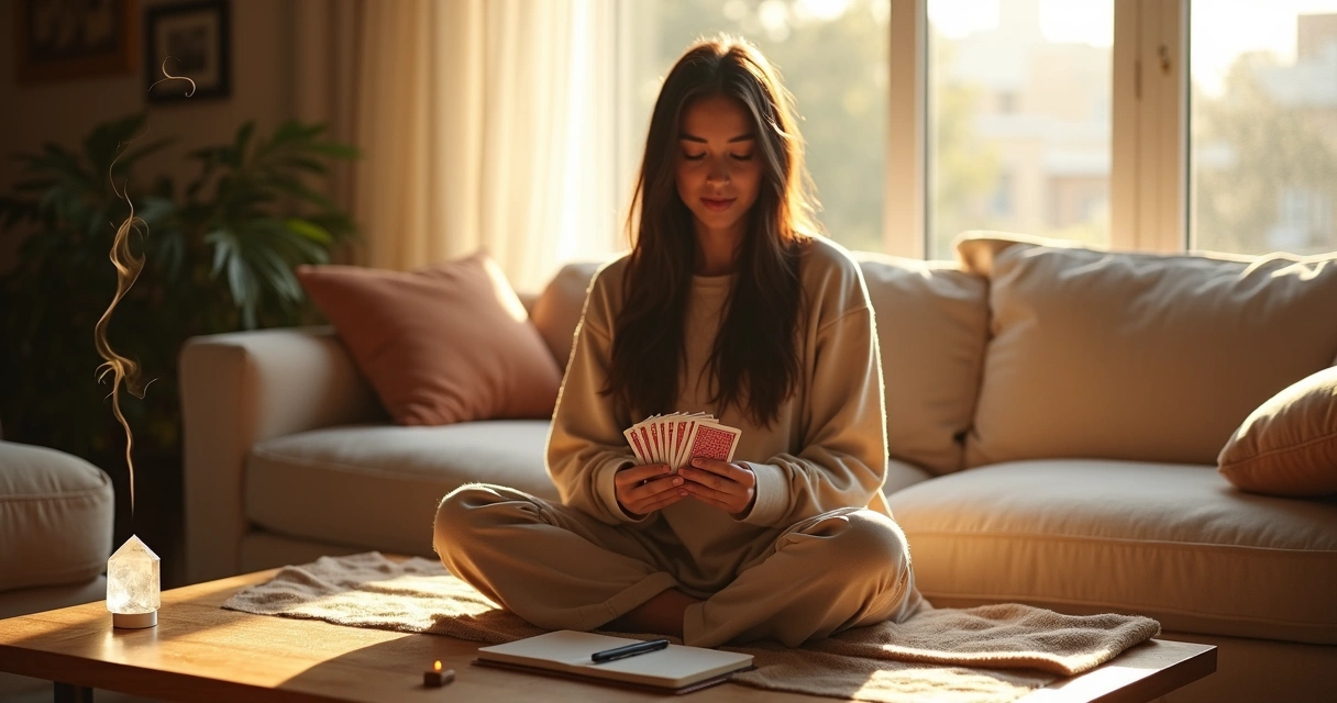 Mulher baralhando cartas de baralho comum sentada em sofá diante de janela iluminada