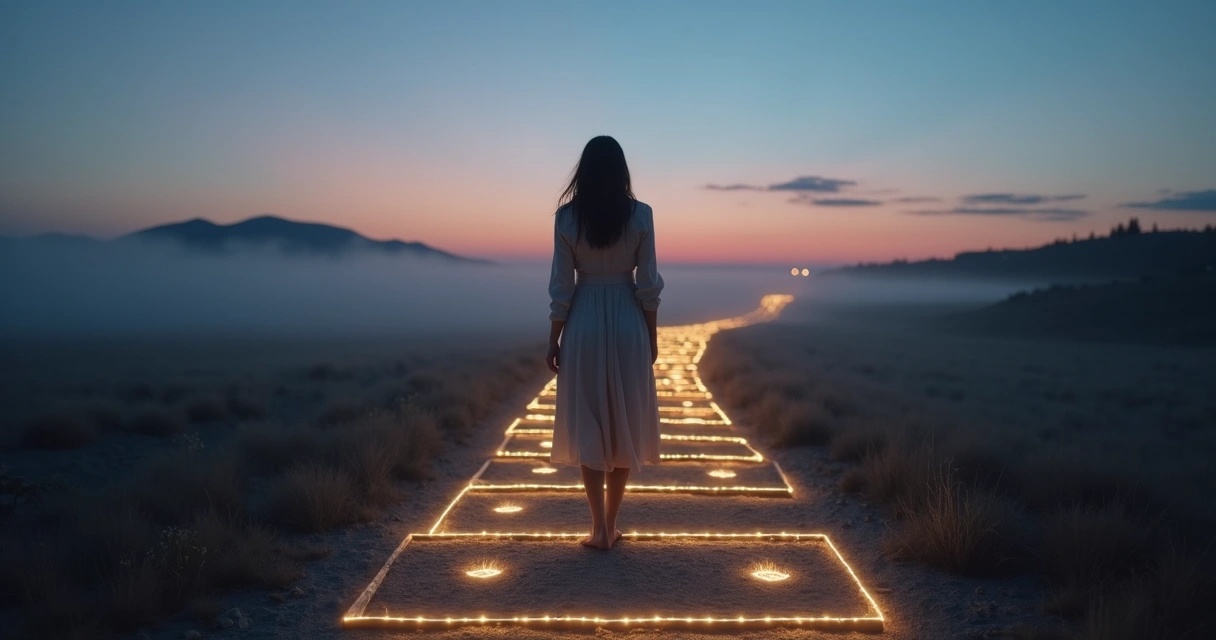 Mulher em encruzilhada olhando carta de tarot projetada como caminho luminoso