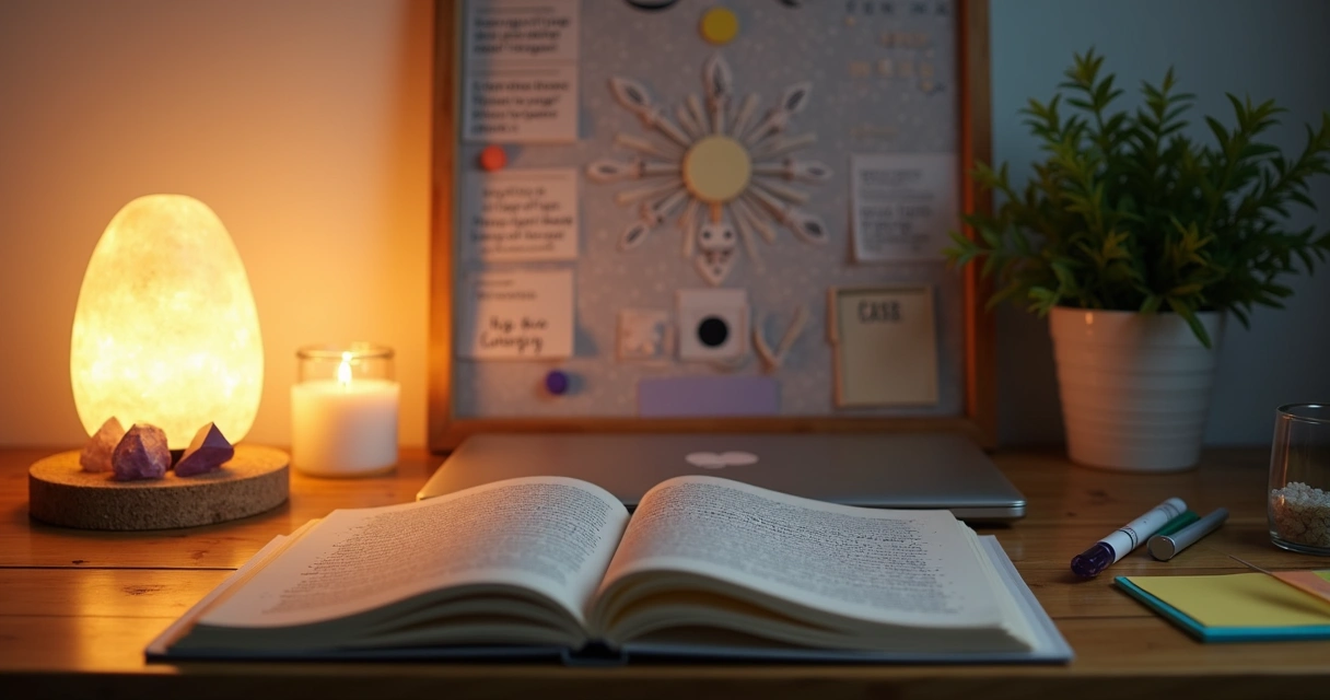 Escrivaninha de estudos organizada com cadernos, cristais e luz suave