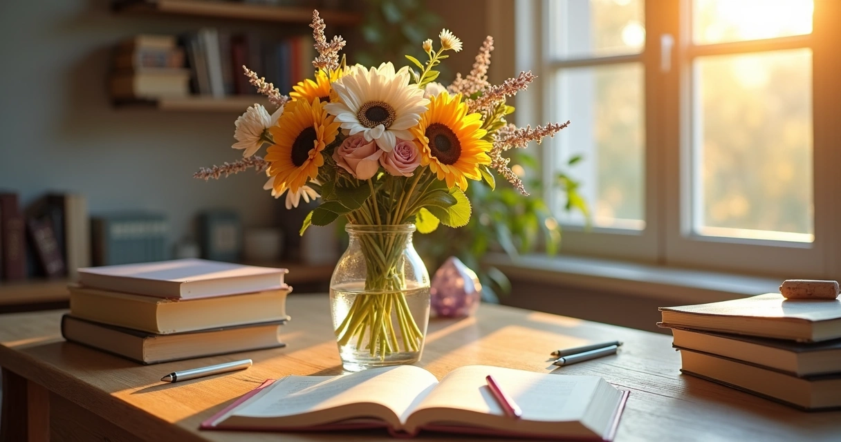 Mesa de estudo com flores coloridas espalhando luz suave ao redor dos livros