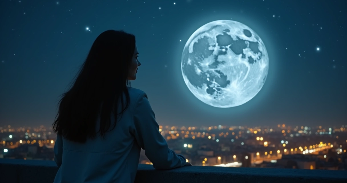 Mulher observando céu noturno com lua e relógio luminoso gigante no horizonte