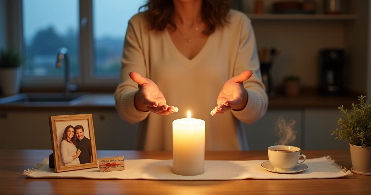 Mulher faz gesto simbólico conectando fotografia e vela acesa em mesa simples de cozinha