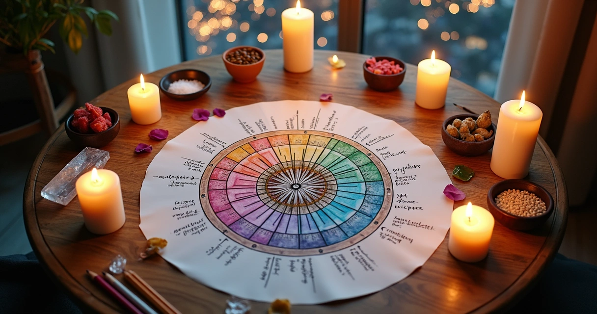 Mesa vista de cima com mandala de intenções colorida cercada por velas e elementos de ano-novo