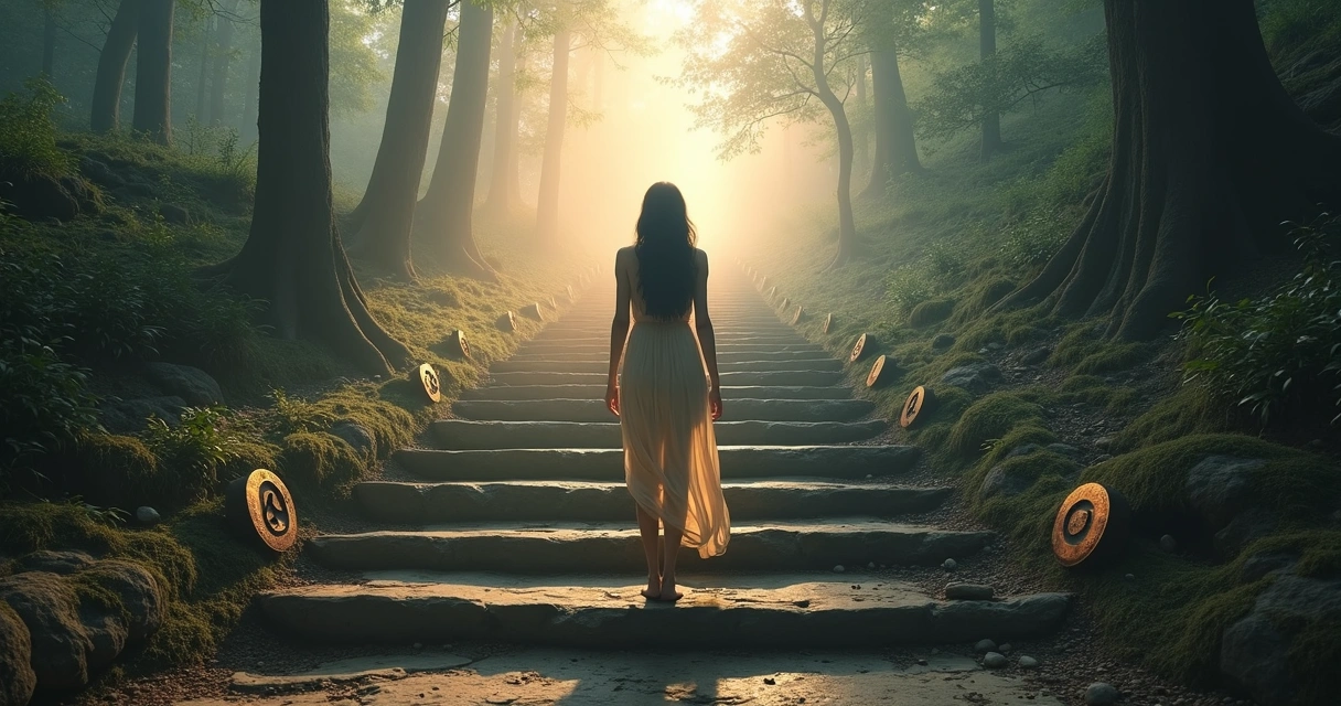 Mulher em escadaria antiga olhando para horizonte de luz suave