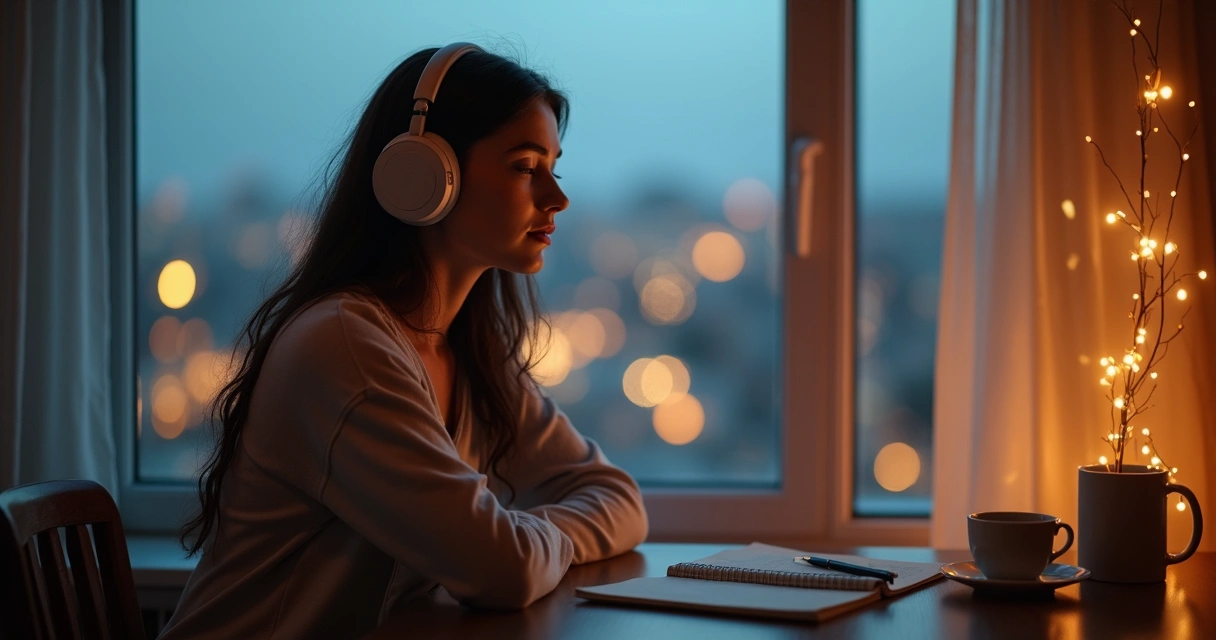 Mulher com fones de ouvido de olhos fechados ouvindo música em luz suave