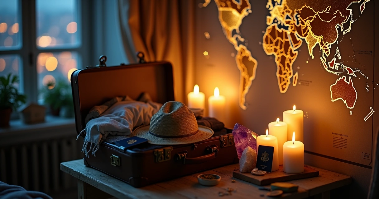 Altar esotérico com mala de viagem aberta e mapa-múndi iluminados por velas