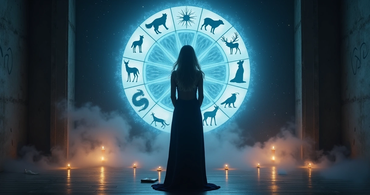 Silhueta feminina tocando círculo luminoso com animais espirituais ao redor
