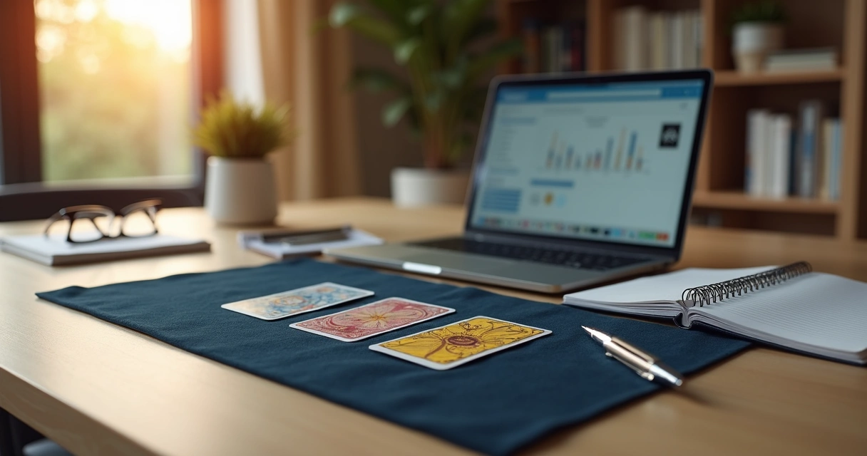 Tarot disposto sobre mesa de escritório moderno com notebook e anotações de carreira