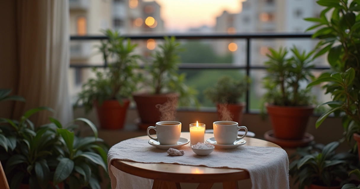 Varanda com plantas, velas e duas xícaras sugerindo harmonia entre vizinhos