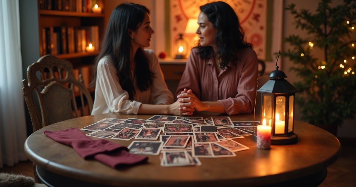 Casal em frente a taróloga consultando cartas de tarot sobre amor