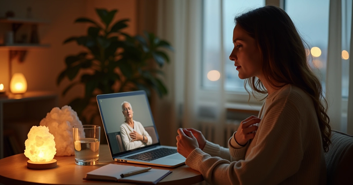 Mulher em chamada de vídeo para consulta espiritual online com luz suave e ambiente acolhedor