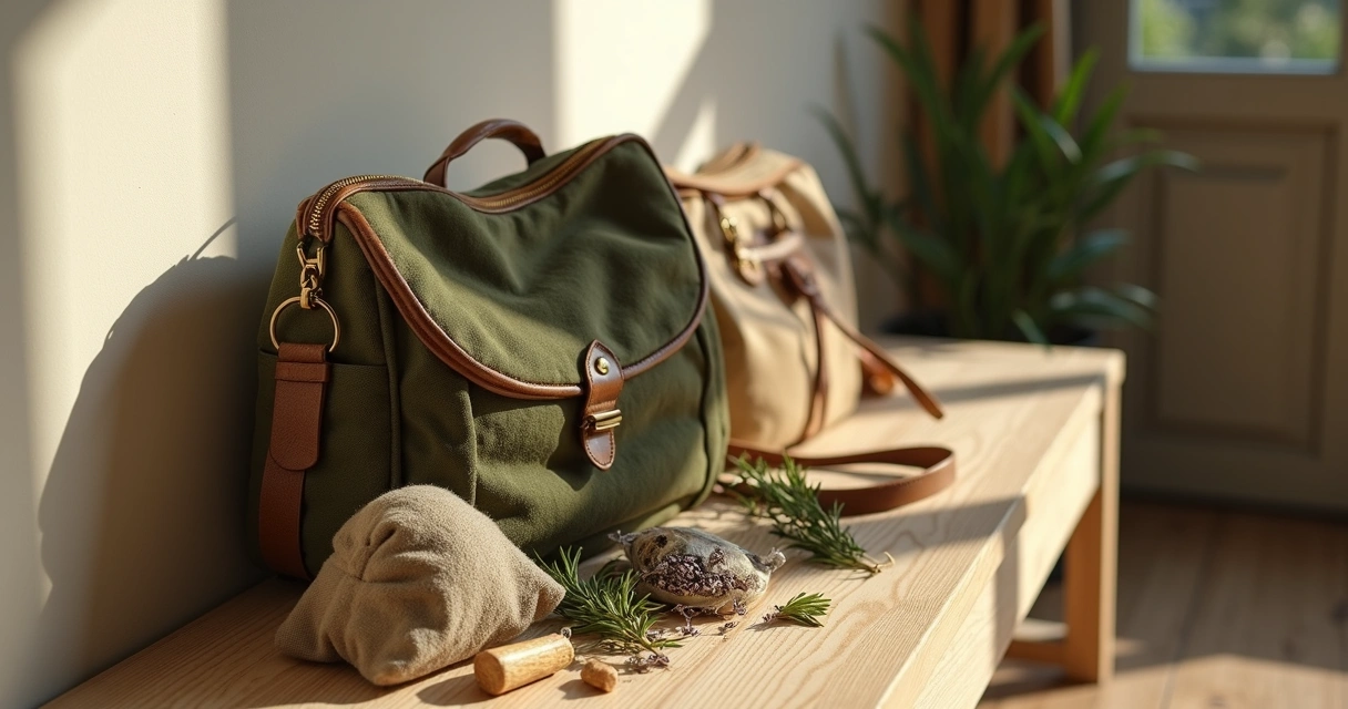 Bolsa aberta com ervas de proteção organizadas ao lado em superfície clara