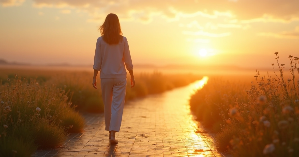 Mulher caminhando em trilha dourada em direção a horizonte luminoso com símbolos de prosperidade