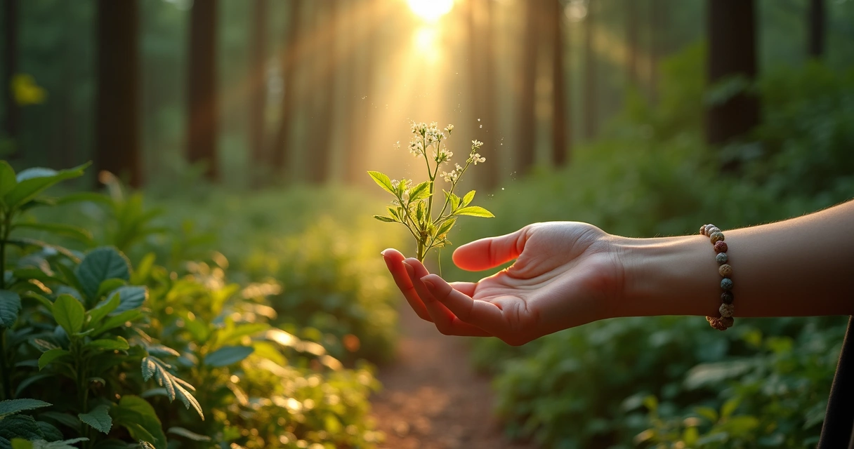 Mão feminina tocando folhas luminosas em caminho de floresta verde