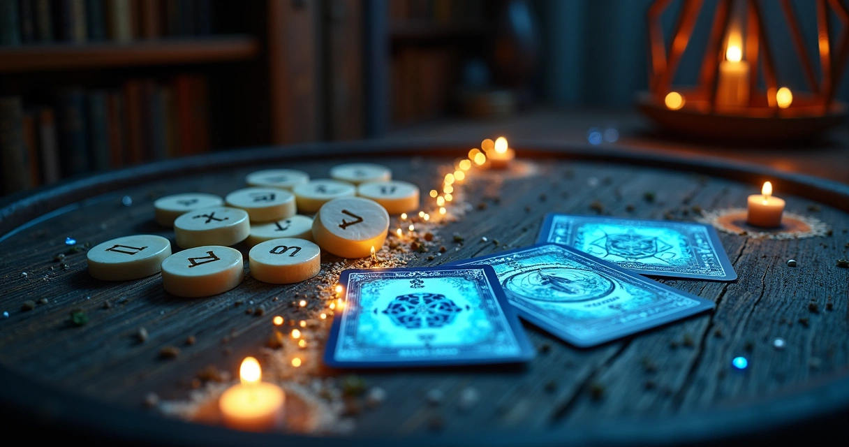 Runas brilhantes e cartas de tarot combinadas em mesa mística
