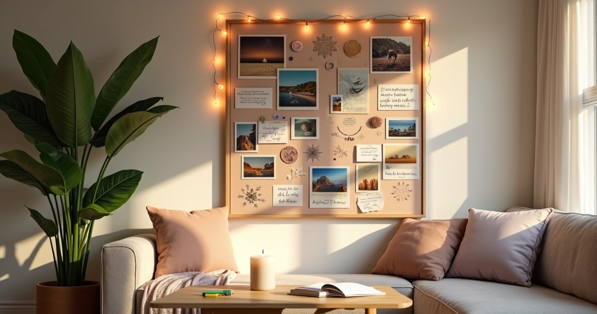Quadro de vision board espiritual 2026 luminoso em parede de sala moderna