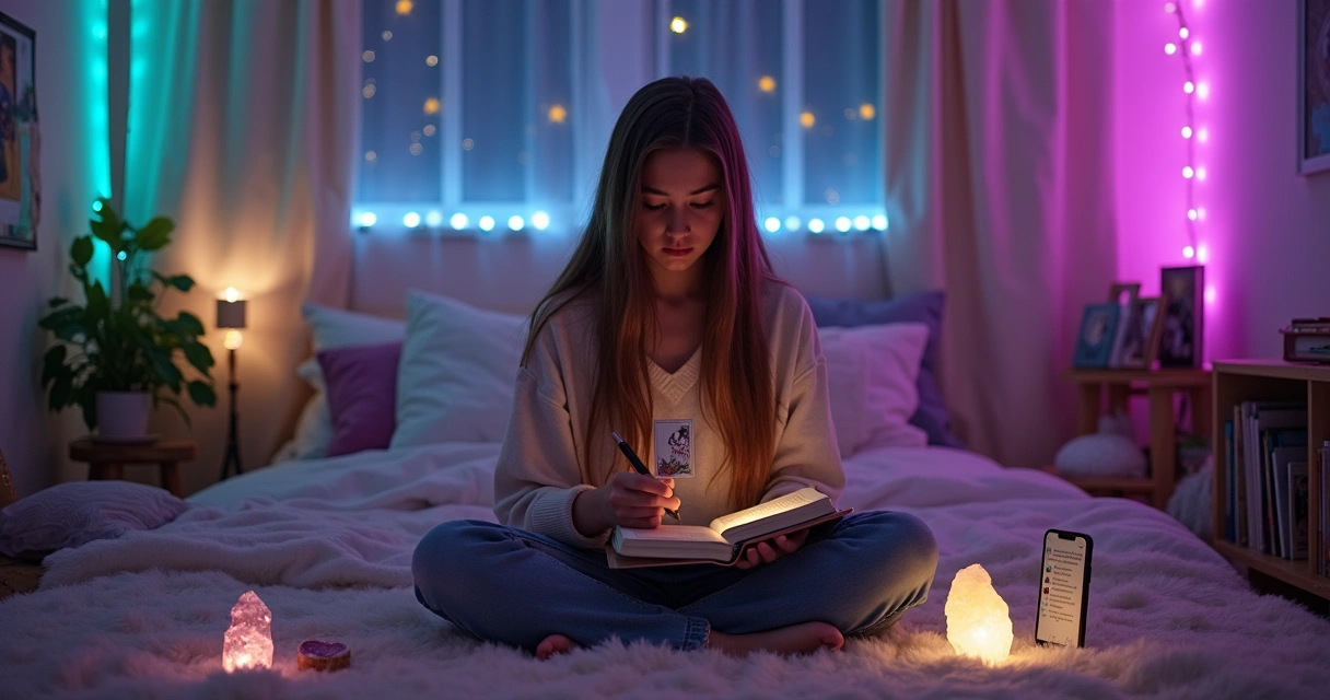 Adolescente em quarto iluminado por luzes coloridas explorando oráculos para autoconhecimento místico.