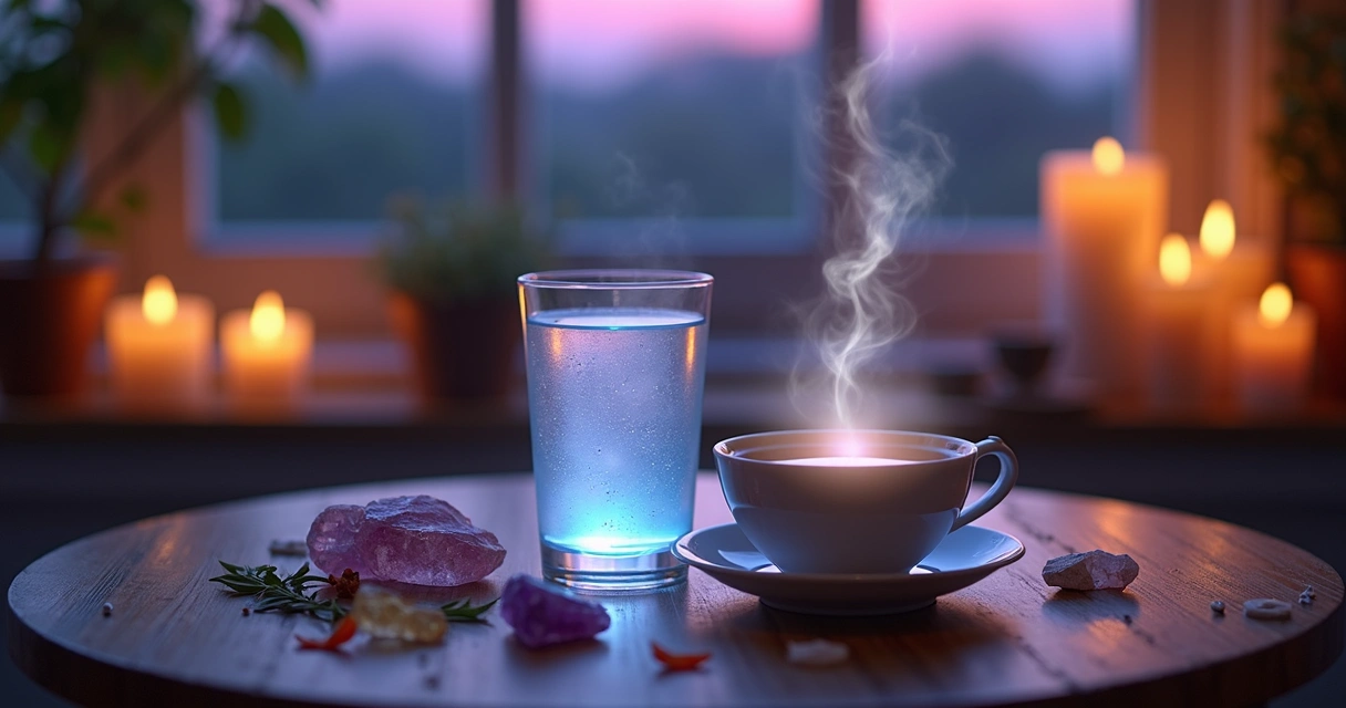 Copo de água e xícara de chá em ritual com luzes coloridas e cristais ao redor
