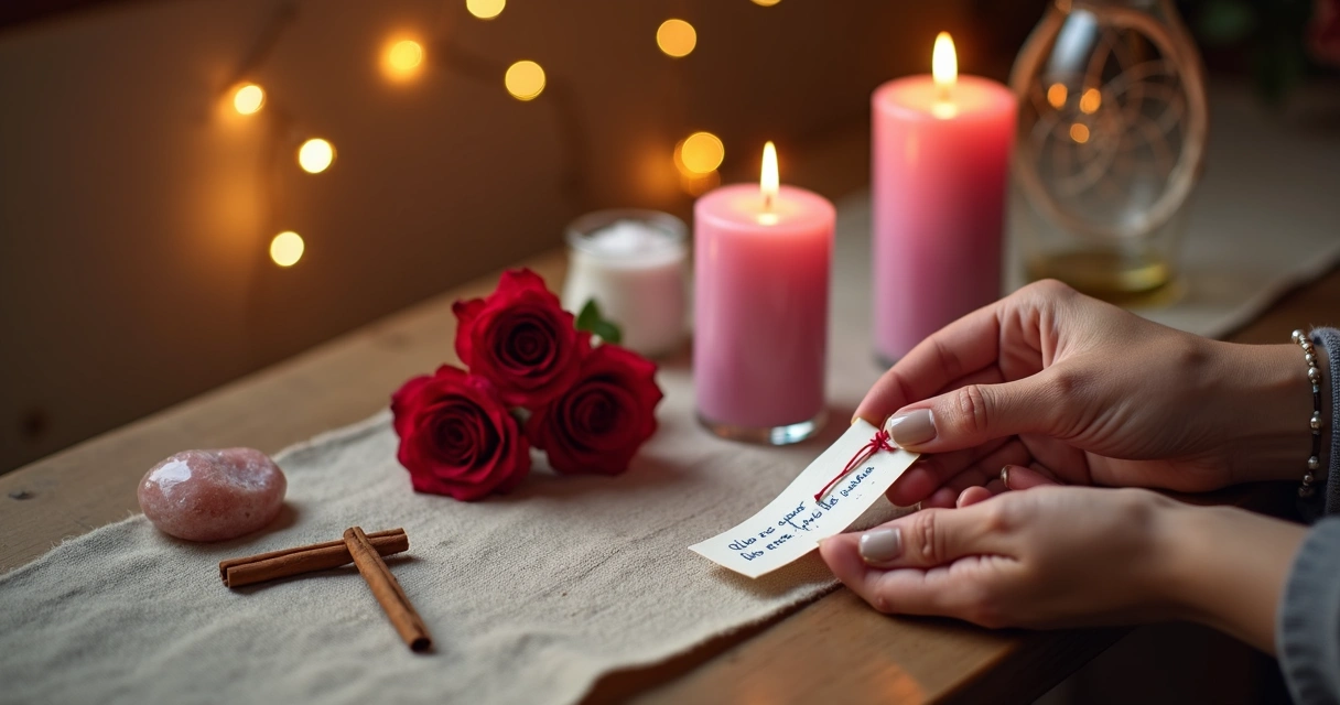 Pequeno altar com vela rosa acesa, rosas vermelhas e bilhete feito à mão para simpatia de amor