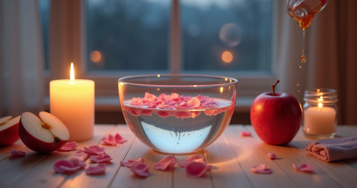 Altar romântico com flores rosas, velas, fruta e mel em ritual de simpatia para o amor