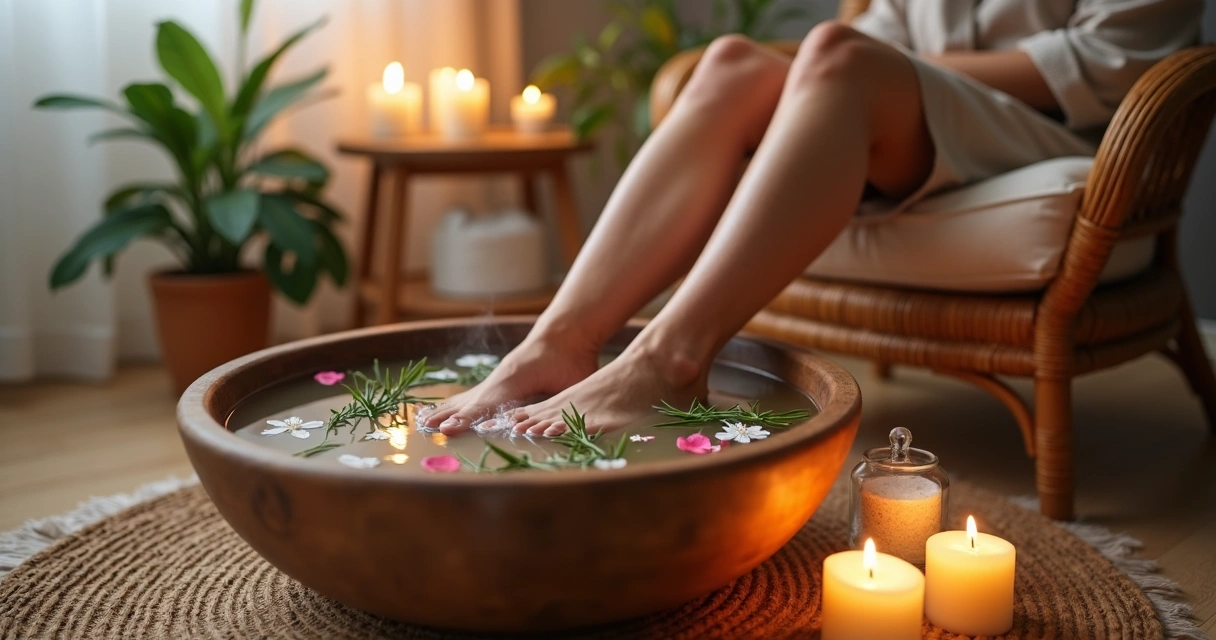 Mulher relaxando em banho energético para os pés com velas e ervas