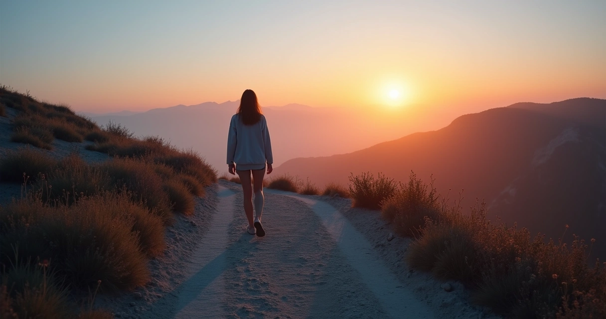 Pessoa caminhando em trilha sinuosa em direção a um nascer do sol simbólico de mudança interna