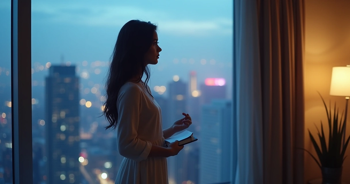 Mulher observando cidade além da janela com silhuetas energéticas ao fundo