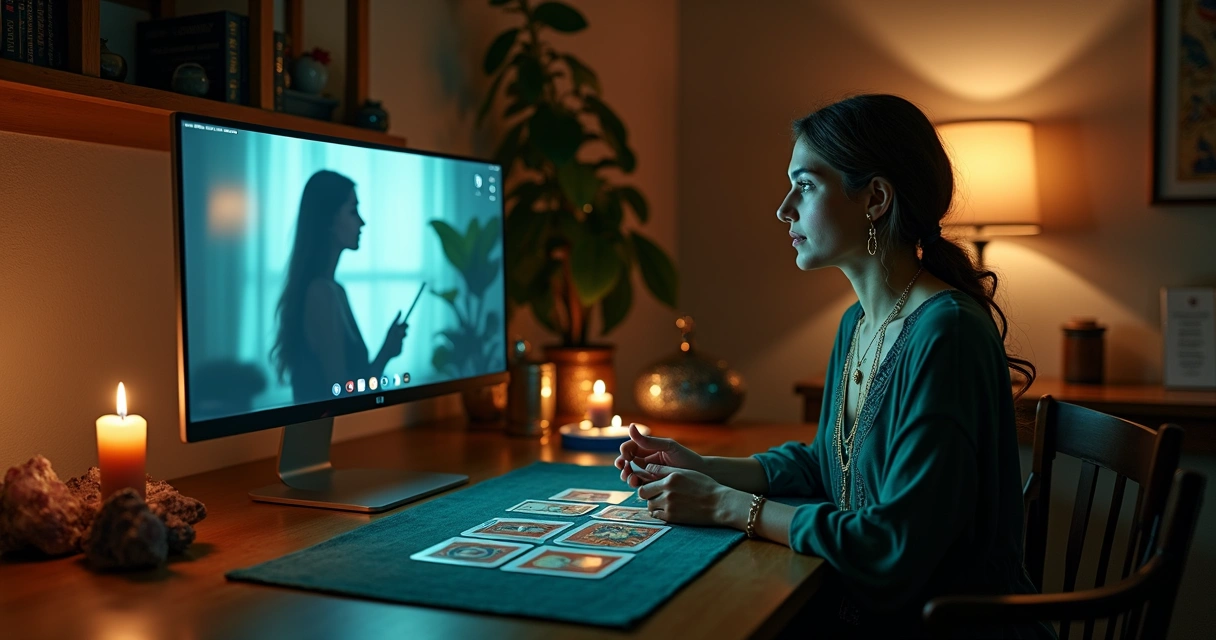 Consultora de baralho cigano atendendo online em mesa iluminada com cartas e tela de computador