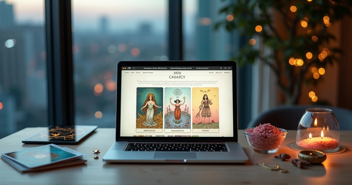 Mesa minimalista com cartas de tarot, notebook aberto e símbolos energéticos em tela
