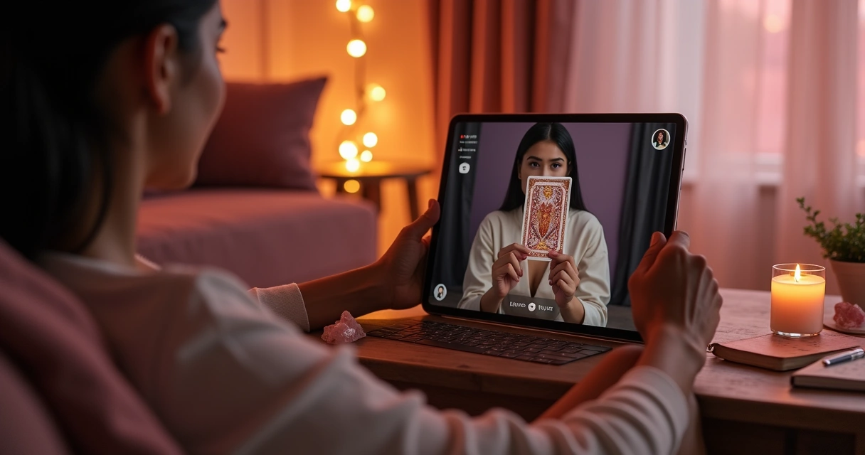Casal em sala aconchegante fazendo consulta de tarot do amor com tarotista via videochamada em tablet