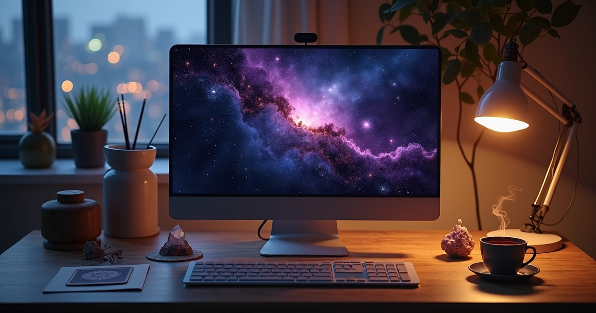 Tela de computador com consulta de tarot online em ambiente místico moderno