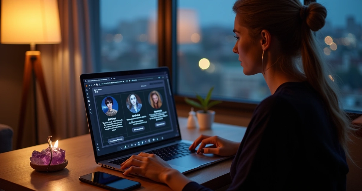 Mulher escolhendo consulta de tarot online em notebook à noite