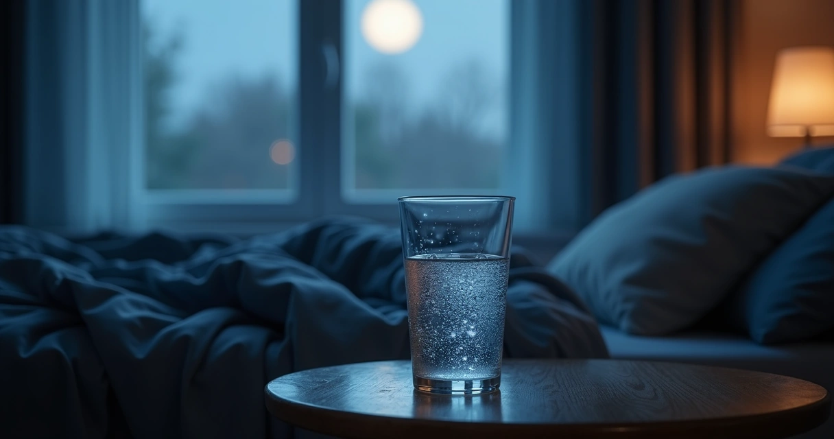 Copo d’água ao lado da cama com luz azul suave na penumbra