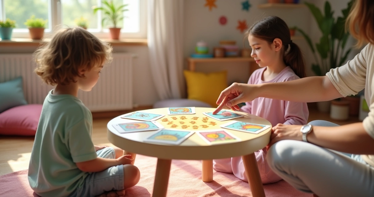 Criança curiosa observando cartas de tarot infantil em sala colorida