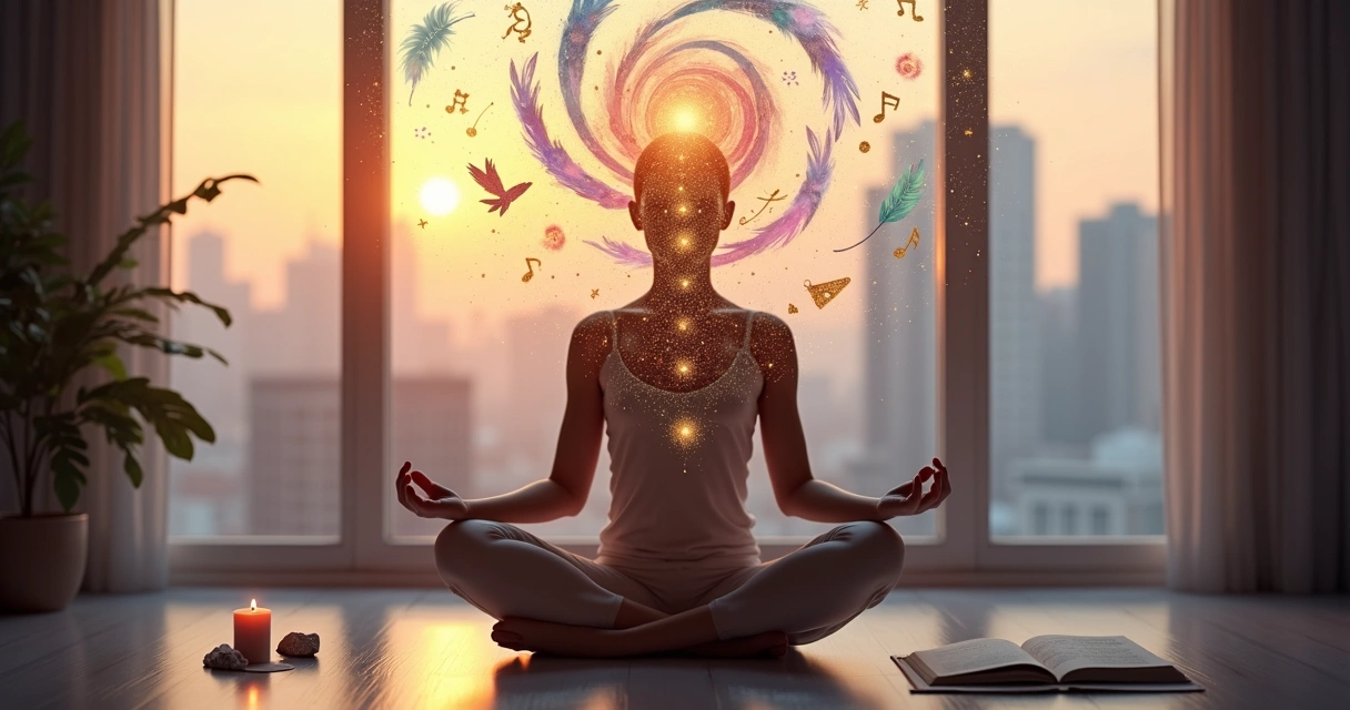 Mulher meditando com espiral de luz colorida saindo da cabeça