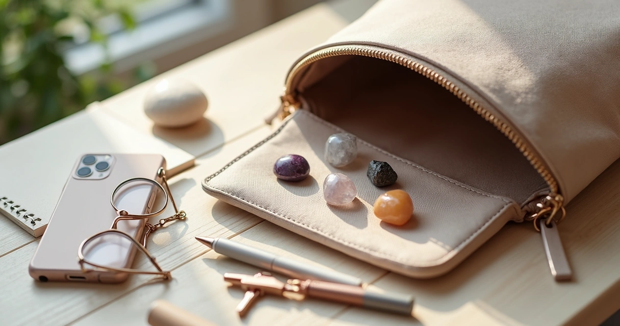 Necessaire aberta com pequenos cristais coloridos organizados ao lado de itens femininos básicos