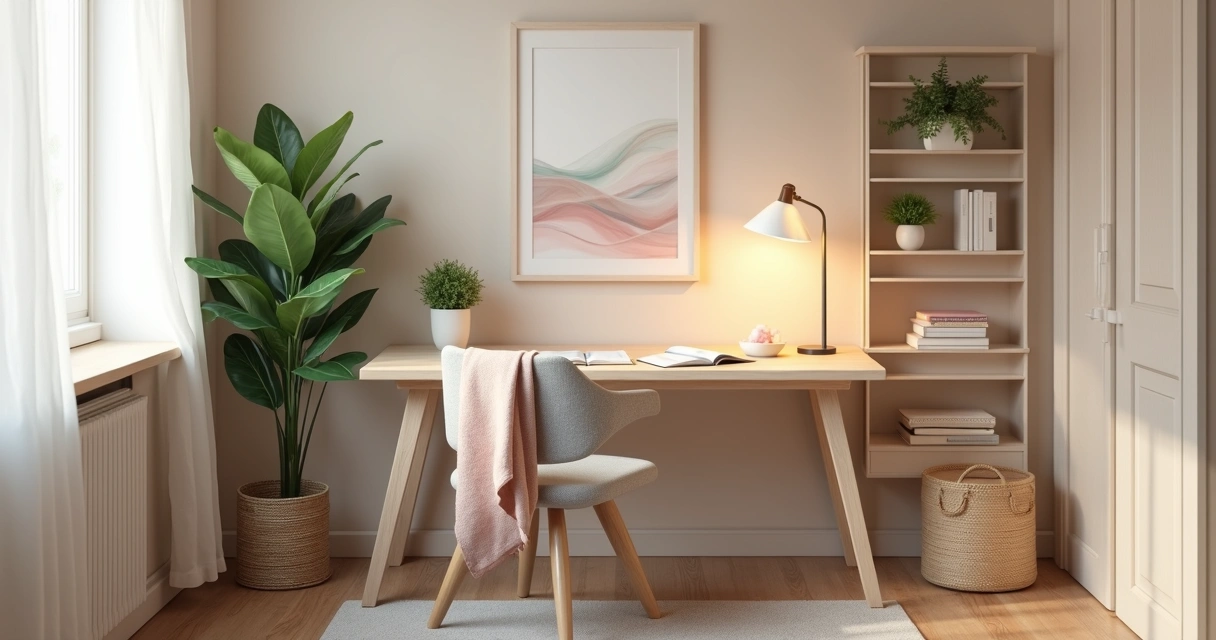 Cantinho de estudo organizado com feng shui com escrivaninha branca e plantas verdes