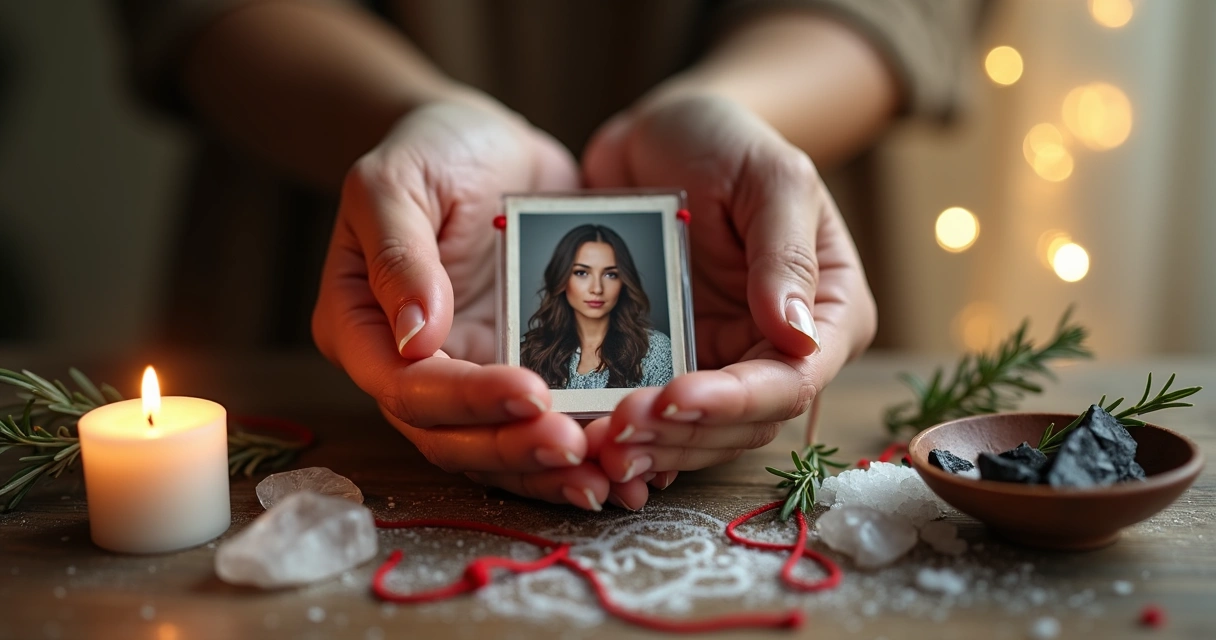 Mãos femininas segurando foto envolta por fio vermelho e cristais em altar de proteção
