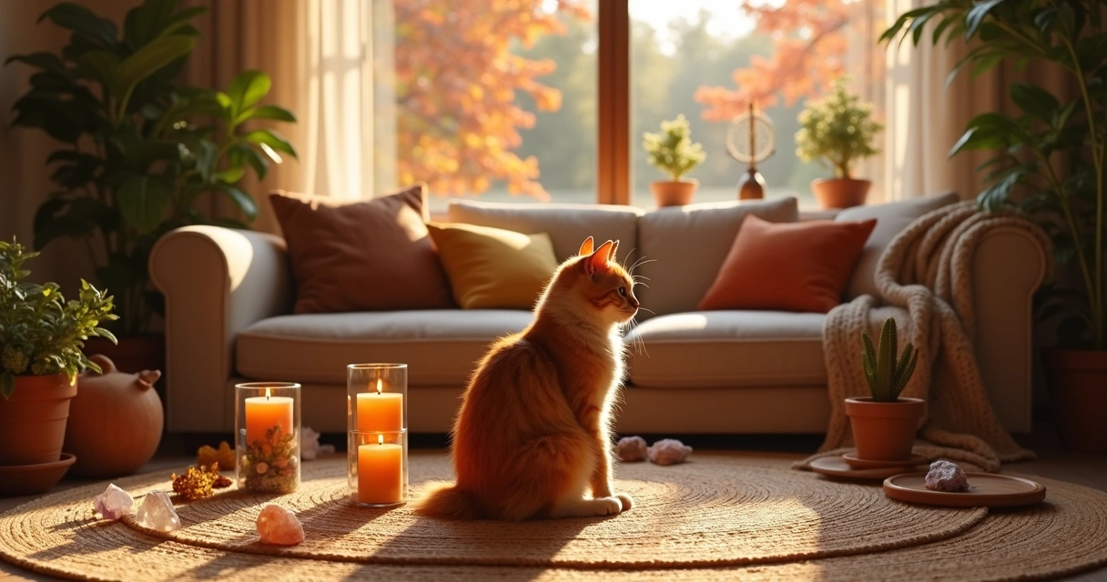 Gato laranja em sala aconchegante de outono com luz dourada e plantas