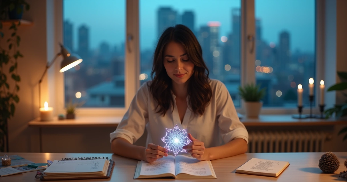 Mulher em escritório moderno escolhendo entre caderno de desenvolvimento pessoal e símbolo espiritual holográfico