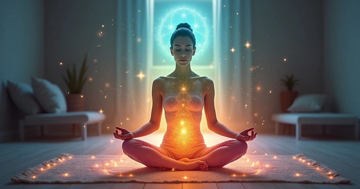 Mulher meditando em posição de lótus envolvida por aura colorida radiante