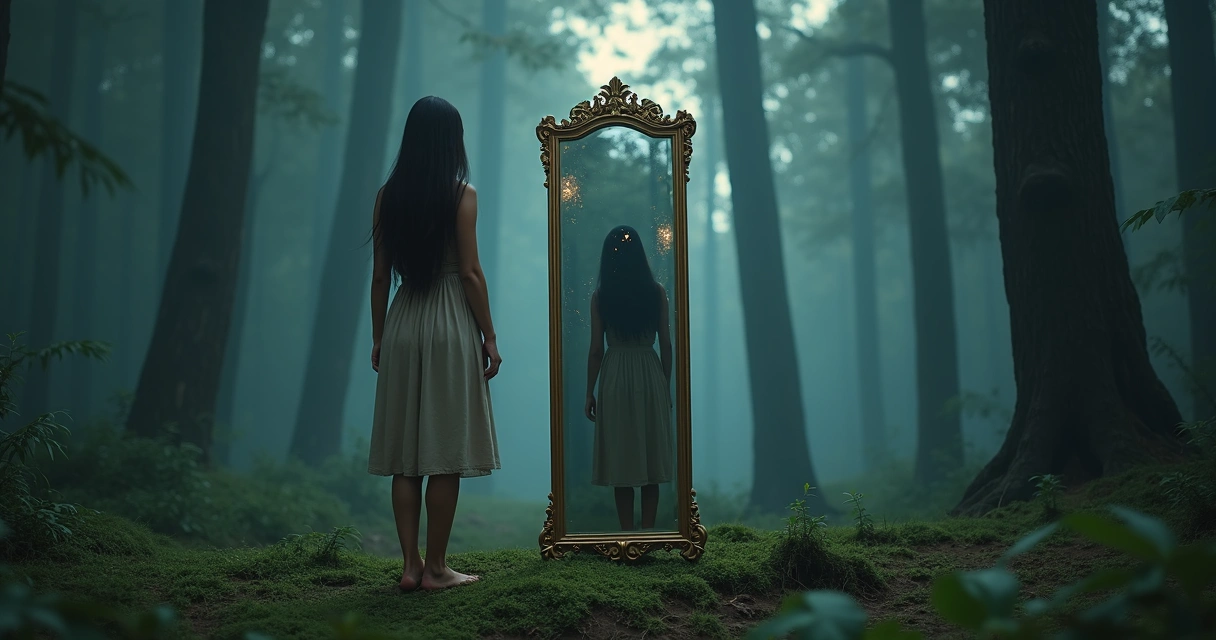 Mulher diante de espelho na floresta vendo sombra escura se aproximando.