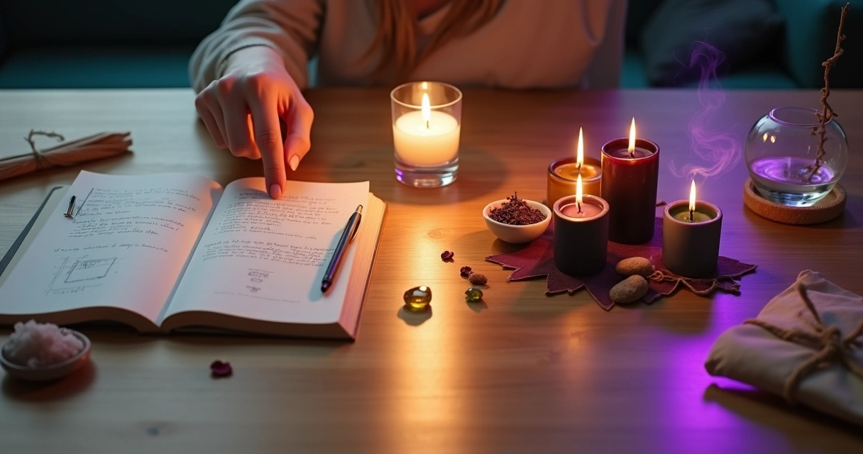 Comparação entre orientação espiritual e rituais personalizada em mesa dividida ao meio