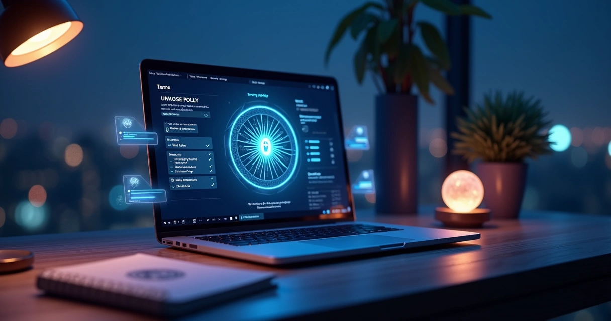 Tela de laptop mostrando plataforma de tarot online com foco em segurança e transparência