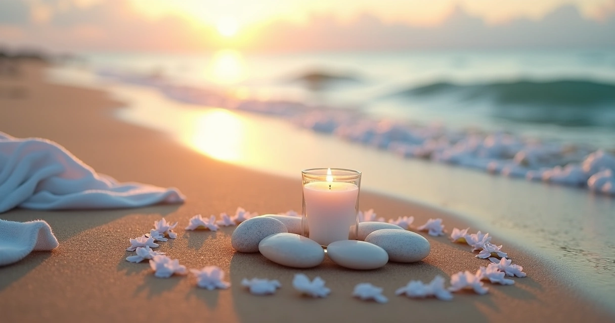 Ritual de pedras brancas em círculo sobre a areia próximo ao mar ao entardecer