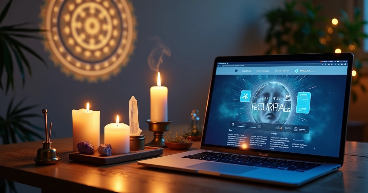 Tela de notebook com portal esotérico ao lado de altar com velas e cristais