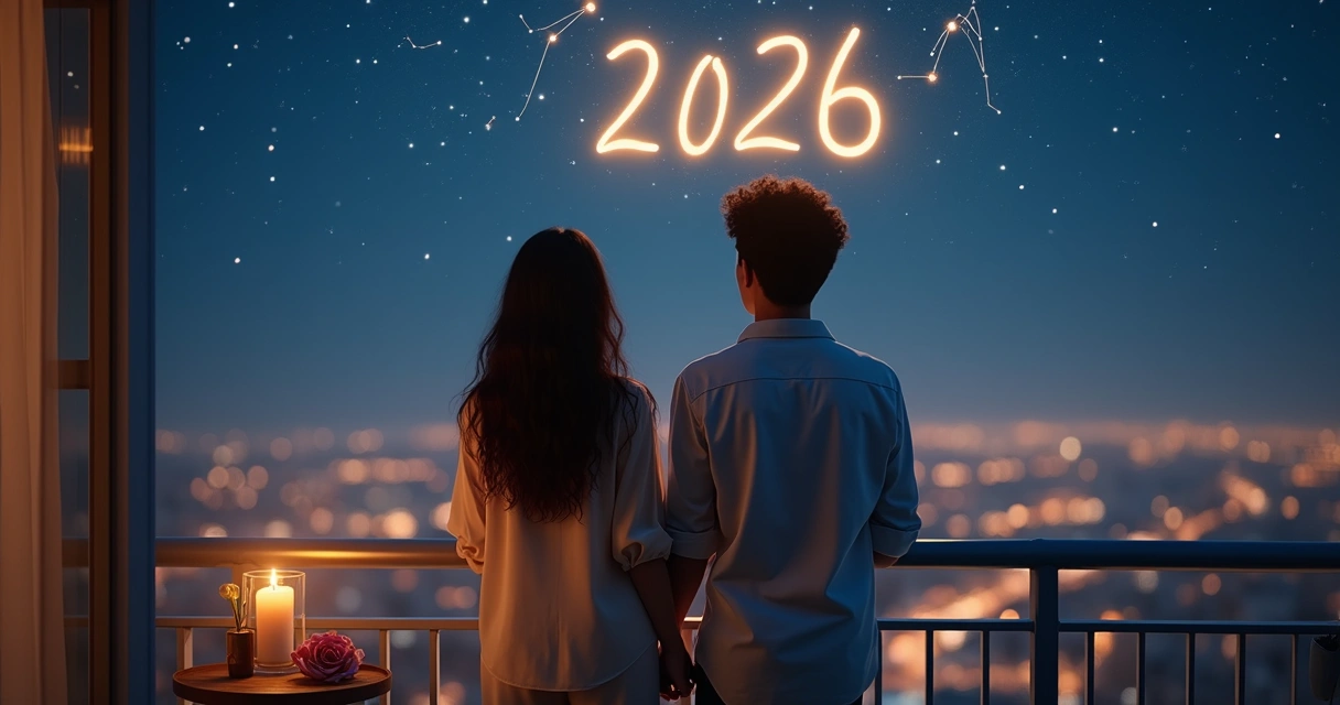 Casal de costas em sacada observando céu estrelado com número 2026 formado por constelações