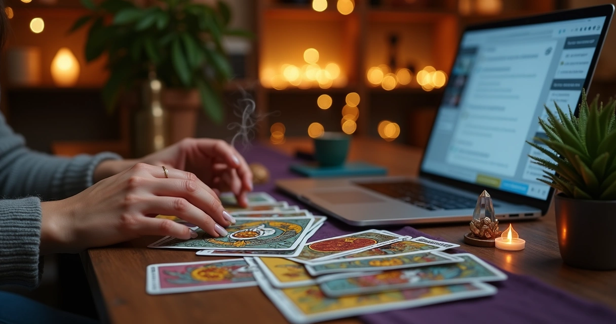 Mesa com baralho de tarot ao lado de notebook aberto em consulta online