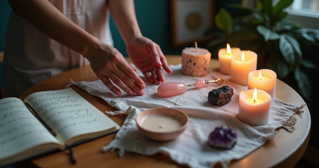 Mesa de madeira com objetos de autocuidado femininos sendo consagrados com velas e cristais
