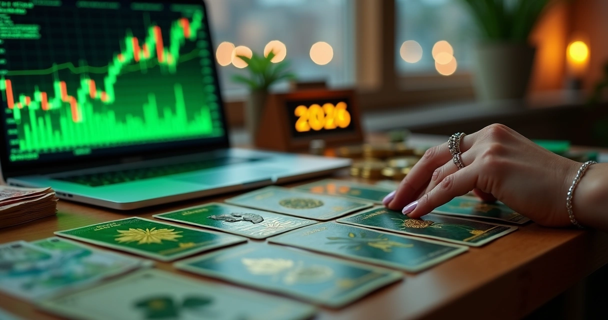 Mesa com baralho cigano e gráficos financeiros ao fundo